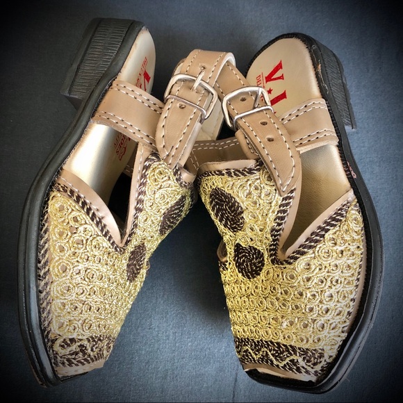 Toddler Pakistani Peshawari Chapal Sandal Thread Embroidered Gold/Brown - Picture 4 of 6